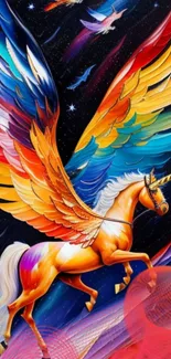 Colorful pegasus with vibrant wings in a fantasy art style.