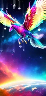 Colorful Pegasus flying over a vibrant celestial landscape.