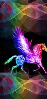 Vibrant pegasus in rainbow colors on a dark background.