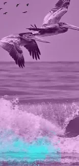 Pelicans soar above purple ocean waves in serene mobile wallpaper.