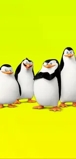 Adorable penguins on a bright yellow background for mobile wallpaper.