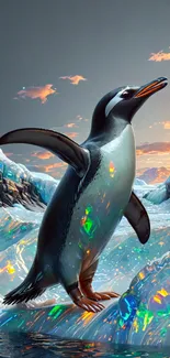 Penguin standing on crystalline ice under a colorful sky.