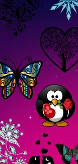 Colorful wallpaper with penguin, butterflies, and hearts on magenta background.