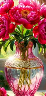 Vibrant pink peonies in a crystal vase.