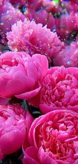 Vibrant pink peony blooms sparkling mobile wallpaper.