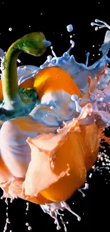 Yellow pepper in colorful splash on black background.