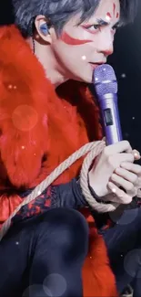 Performer in red costume on stage holding microphone.