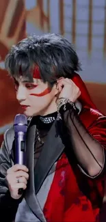 Performer in red and black with microphone.