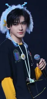 Young performer holding a microphone with colorful accessories.