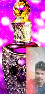 Vibrant gold and purple perfume bottle wallpaper with sparkles.