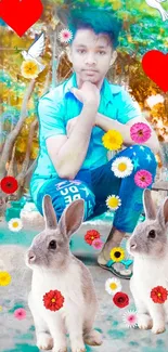 Colorful mobile wallpaper with person and rabbits surrounded by flowers.