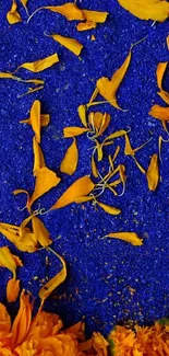 Golden petals scattered on blue sand background wallpaper.