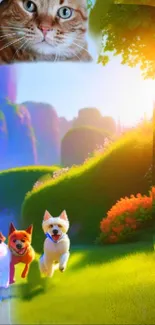 Pets frolicking in a vibrant nature scene.