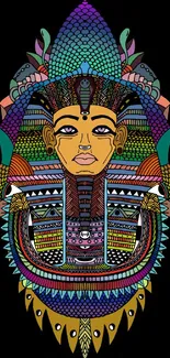 Vibrant pharaoh art with colorful geometric patterns on a black background.