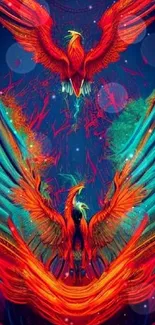 Vibrant abstract phoenix artwork with fiery red wings.