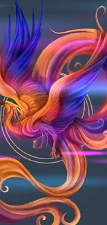 Vibrant phoenix art with fiery orange and blue on elegant wallpaper.