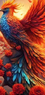 Phoenix art wallpaper with red and orange hues, showcasing fiery wings and red flowers.