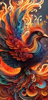 Vibrant phoenix with fiery flames wallpaper design.