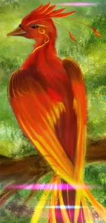 A vibrant red and yellow phoenix on a green forest background.