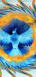 Vibrant blue and orange phoenix in a flame ring, artistic mobile wallpaper.