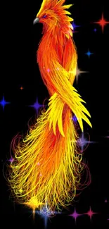 Orange and yellow phoenix against black background.