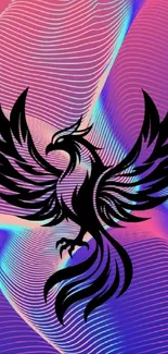 Vibrant phoenix silhouette on abstract gradient background with pink and blue hues.