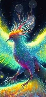 Colorful phoenix artwork with vibrant rainbow wings on black background.