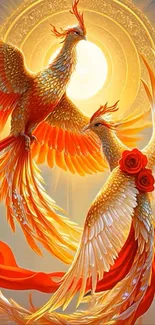 Two vibrant phoenixes against a radiant sun.