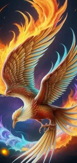 Vibrant phoenix in fiery colors on a mystical fantasy wallpaper.