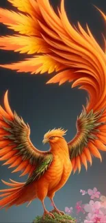 Vibrant phoenix with orange wings in fantasy art wallpaper.