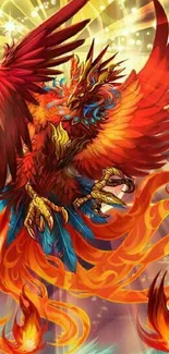 Colorful phoenix in fiery fantasy art style.