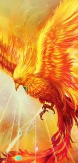 Vibrant orange phoenix spreads its fiery wings in a fantasy art depiction.