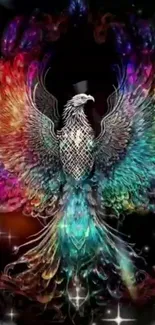 Colorful fantasy phoenix art on a black background.