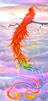 Vibrant phoenix in colorful clouds with rainbow tail.