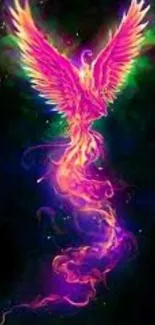 Vibrant phoenix with multicolored flames on a dark background.