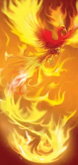 Vibrant phoenix in fiery flight with bright orange and yellow flames.