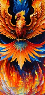 Dynamic phoenix with orange and blue flames, creating a vibrant and fiery scene.