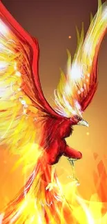 Bright red phoenix with fiery wings rising through flames.