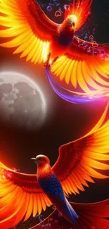 Fiery phoenixes with orange wings against a celestial backdrop.