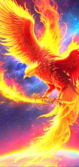 Vibrant phoenix soaring in fiery colors over a cosmic backdrop.