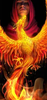 Vibrant phoenix rising in fiery colors with a mystical background.