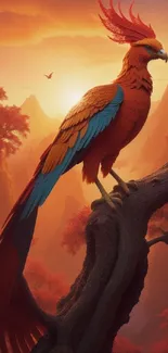 Majestic phoenix on a branch with a sunset and mountains background.