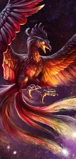 Colorful phoenix with fiery feathers on cosmic background.