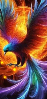 Colorful phoenix in front of a fiery orange backdrop, digital art wallpaper.