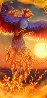 Colorful phoenix rising in fiery sunset backdrop.