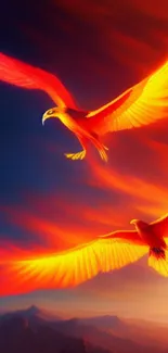 Vibrant phoenixes soar across a glowing sunset sky.