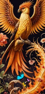 Colorful phoenix with floral details on dark background.