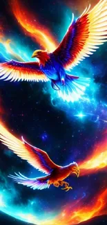 Two vibrant phoenixes soaring through a cosmic, colorful galaxy background.