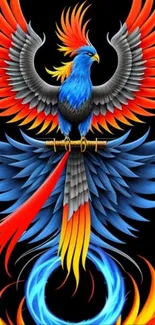 Vibrant blue and orange phoenix digital art wallpaper.