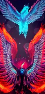 Fiery, vibrant phoenix design with colorful wings.